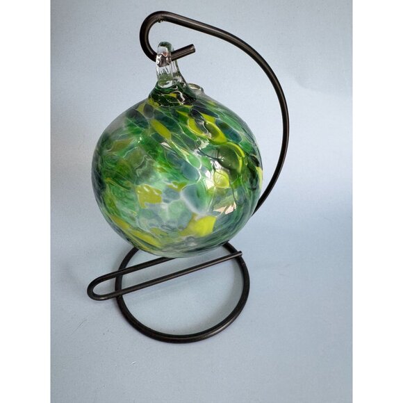 Handcrafted Green & Yellow Swirl Friendship Spirit Glass Ball With Stand - Picture 6 of 6
